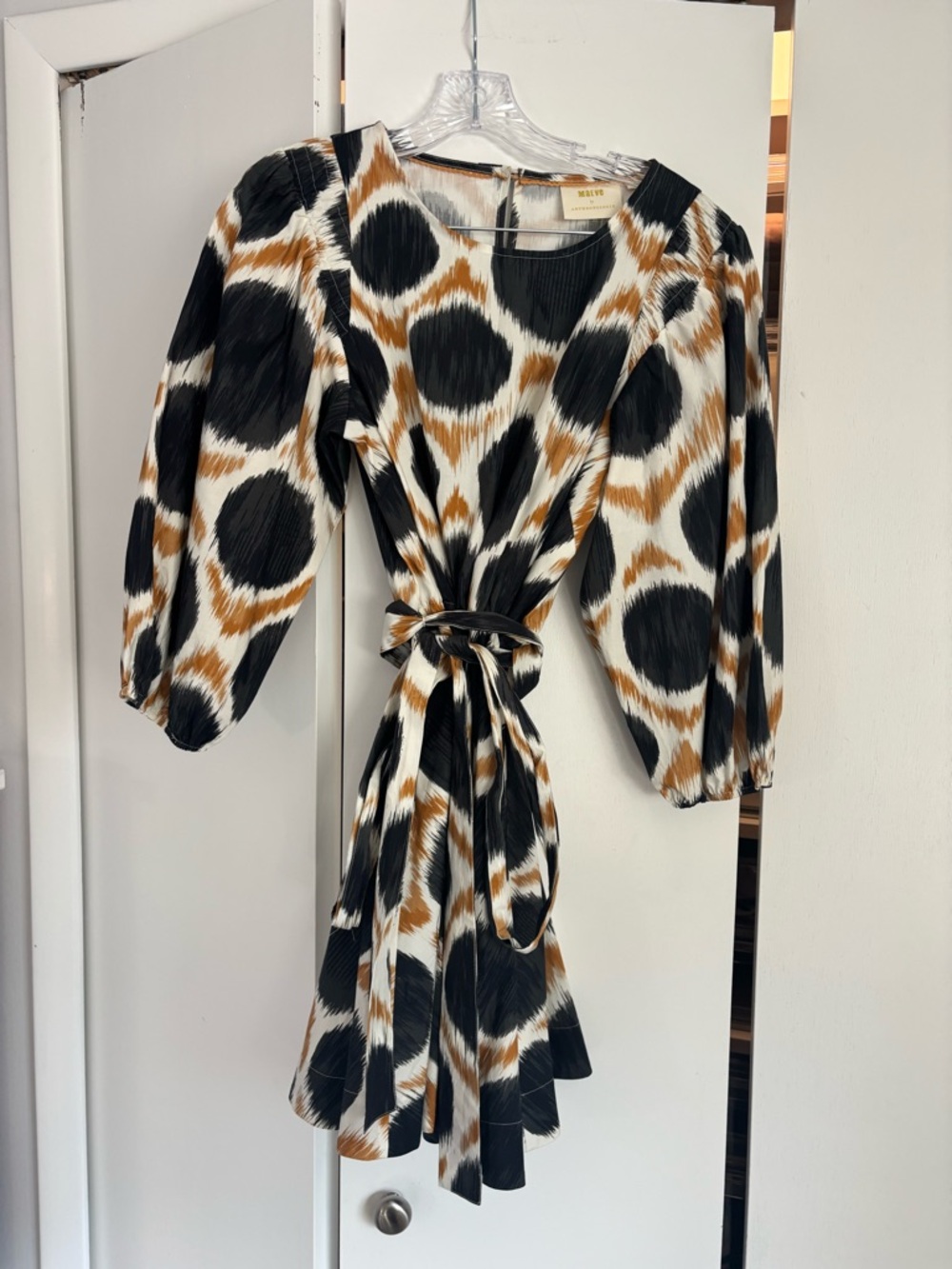 Anthro Maeve Ikat Print Mini Dress Tie Waist Boho Flare Sleeve